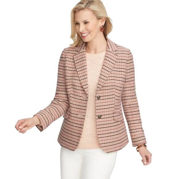TALBOTS Plus Women's Pink Plaid Wool Houndstooth Blazer Size 14W Shetland NWT - Picture 2 of 16
